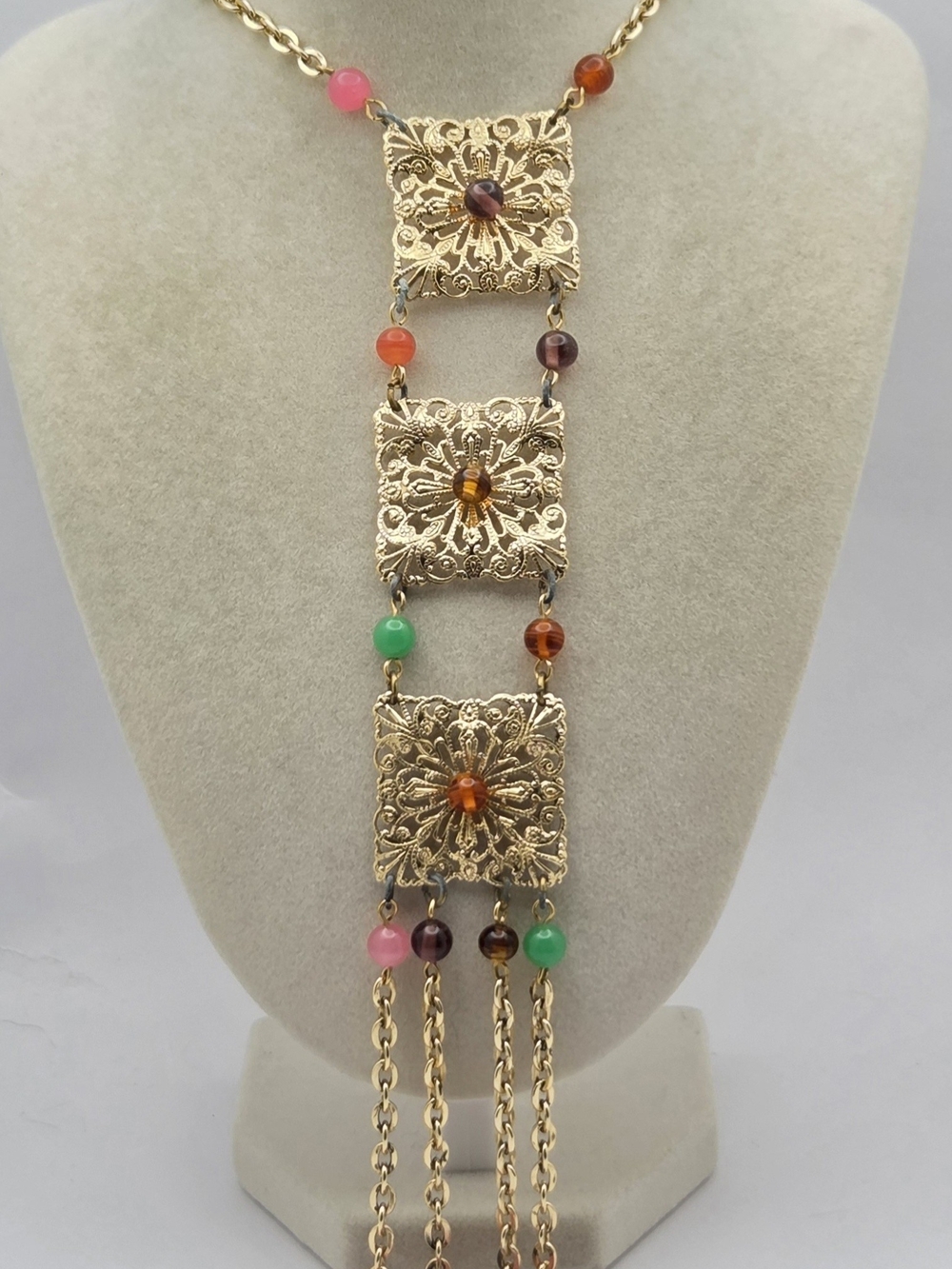 Vintage Gold Tone Filigree Multi-Stone Station Y-Necklace Drop Pendant 20"